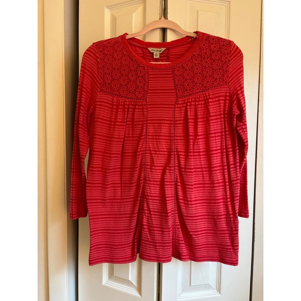 Lucky Brand Red Crochet Yoke Striped Knit Top – Women's Size Medium - Picture 3 of 6
